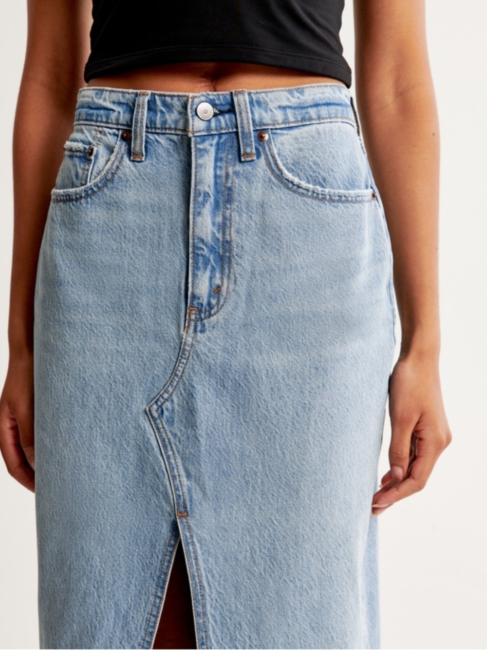 Abercrombie & Fitch Light Wash High-Rise Denim Midi Skirt